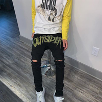 Nowi mężczyźni rozciągliwy zniszczony otwór klejony Slim Fit czarne dżinsy Biker spodnie zgrywanie Skinny Hot Drill uliczny Punk spodnie jeansowe ołówkowe 4